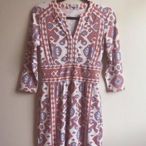 J. McLaughlin Womens Lola 3/4 Sleeve Below Knee Blue White Pale Red Dress Sz XS